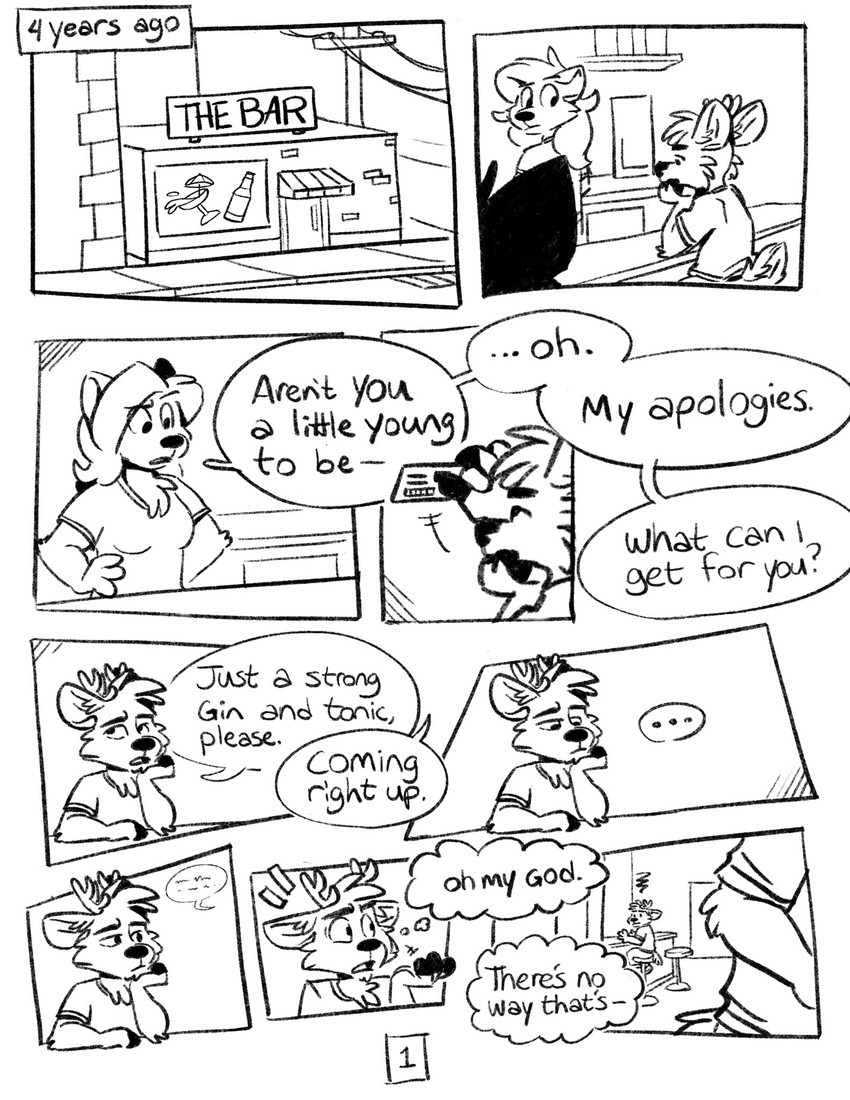 ambiguous_gender anthro bar beverage city dialogue ellipsis female flashback gin_and_tonic group male number sitting text tinydeerguy darwin_(tinydeerguy) canid canine deer mammal black_and_white comic english_text hi_res monochrome