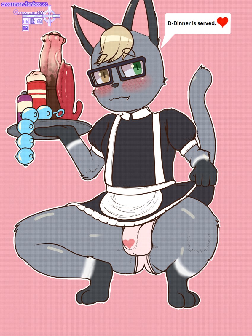 anal_beads animal_dildo animal_sex_toy anthro balls_outline blonde_hair blush bulge clothed clothing crouching detailed_bulge dialogue dildo equine_dildo eyewear fur genital_outline glasses grey_body grey_fur hair heart_symbol heterochromia maid_uniform male panties penis_outline pink_background sex_toy simple_background smile solo speech_bubble text topwear underwear uniform crossman animal_crossing nintendo raymond_(animal_crossing) domestic_cat felid feline felis mammal 2022 3:4 digital_media_(artwork) english_text hi_res