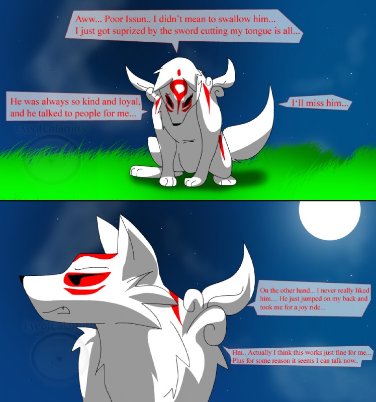 commentary dialogue female feral fur grief humor mourning quadruped red_strips sad solo tail text thinking thoughtful_expression two_panel_image white_body white_fur eyeofcalamity capcom clover_studio okami_(capcom) amaterasu_(okami) canid canine canis deity mammal poncle wolf 2008 comic digital_media_(artwork) english_text