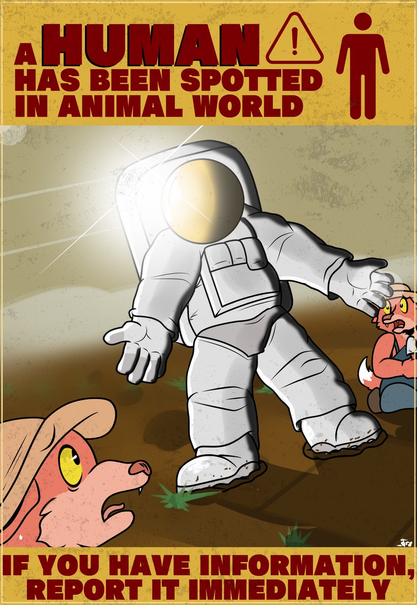 anthro arms_out astronaut astronaut_suit clothing dirt dutch_angle farming female group hat headgear headwear lens_flare male obscured_face plant poster poster_template scared shadow shovel sun_hat text tools toony trio warning_sign yellow_eyes str8aura-no-not-that-one canid canine fox human mammal absurd_res english_text hi_res