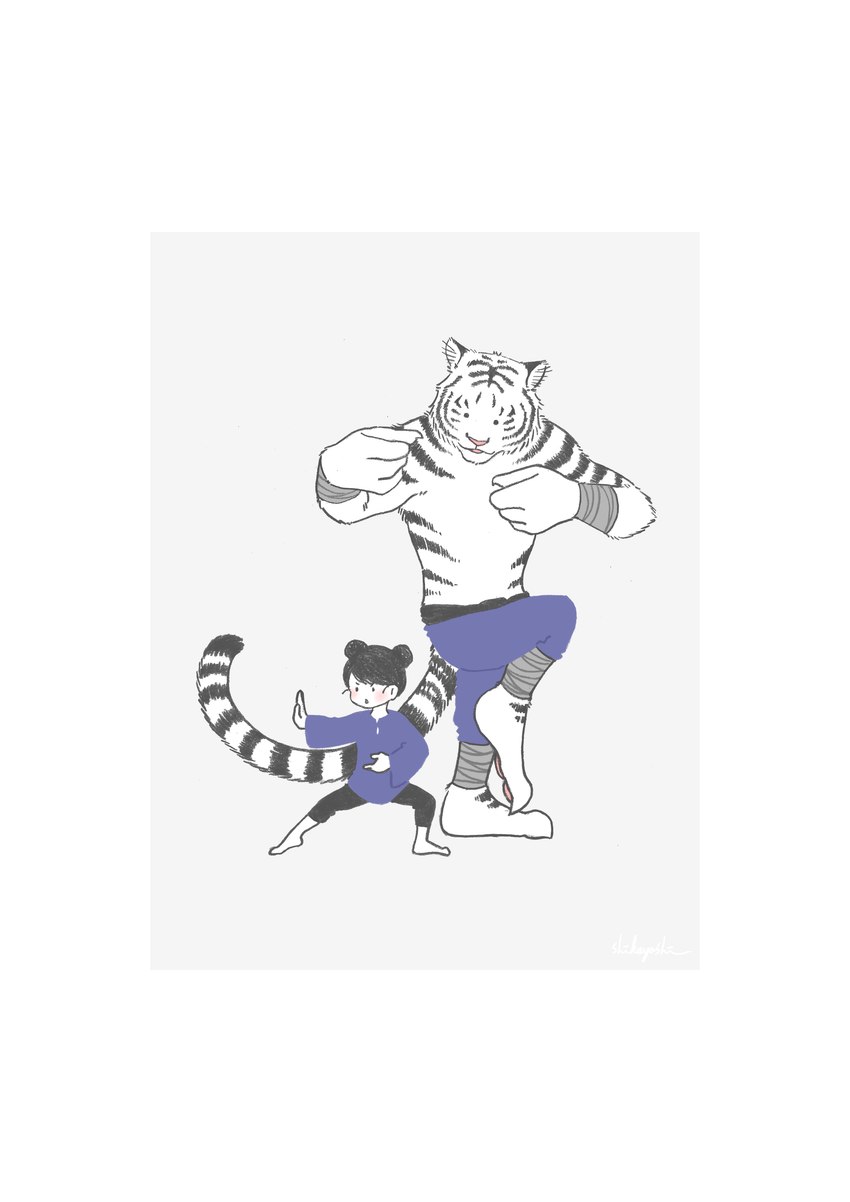 anthro black_hair black_stripes border duo female hair kung_fu male muscular muscular_anthro muscular_male shirtless_anthro shirtless_male size_difference stripes white_border shikayoshi sub20211115 felid human mammal pantherine tiger 2022 absurd_res hi_res