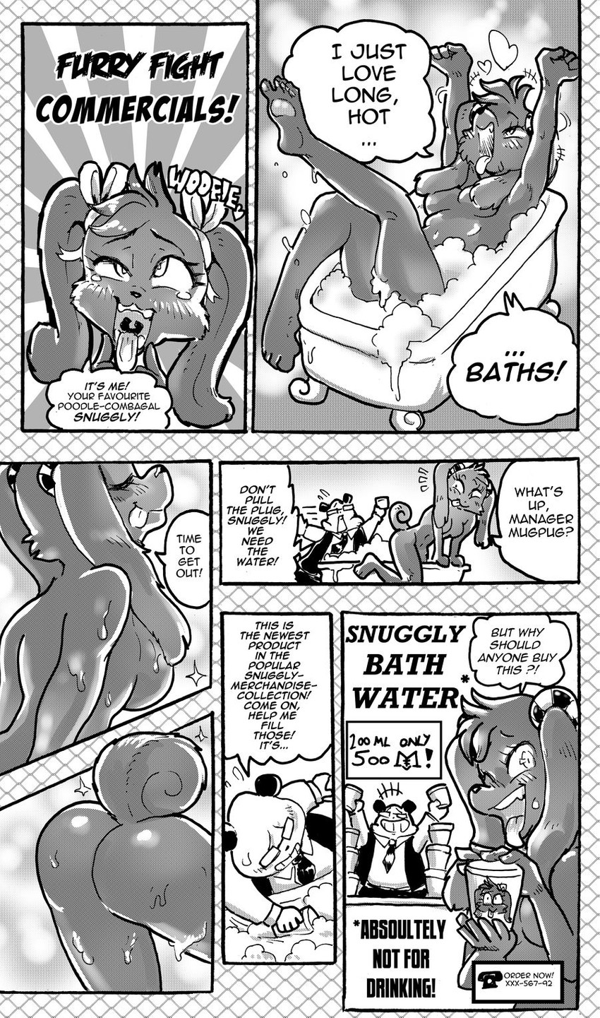 anthro blush breasts butt convenient_censorship cross-eyed dialogue duo eyes_closed female heart_symbol male nude open_mouth text tongue tongue_out daigaijin furryfight_chronicles mugpug_(furryfight_chronicles) snuggly bear canid canine canis domestic_dog giant_panda mammal comic english_text hi_res monochrome