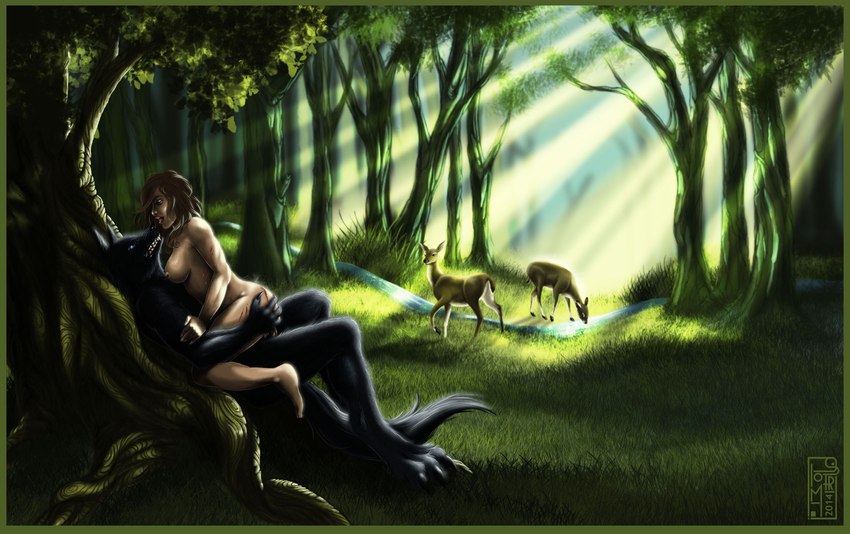 anthro bared_teeth black_body black_fur blood blue_eyes bodily_fluids breasts brown_eyes brown_hair claws cowgirl_position creek day detailed_background duo female female_on_anthro female_on_top feral finger_claws forest from_front_position fur genitals grass hair human_on_anthro interspecies light light_beam looking_at_another male male/female male_on_human nipples on_bottom on_top outside paws penis plant scratches sex sunbeam sunlight toe_claws tree wounded astaraelabhorsen riptor_stormwolf sandra_daroner ambient_deer canid canine canis human mammal wolf 2014 digital_drawing_(artwork) digital_media_(artwork) hi_res signature