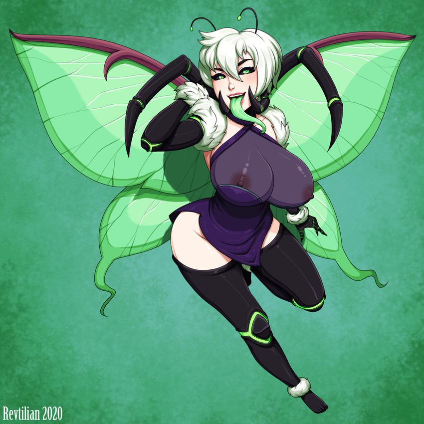 big_breasts breasts clothing female legwear long_tongue looking_at_viewer nipples open_mouth solo thigh_highs tongue tongue_out wings revtilian animal_humanoid arthropod arthropod_humanoid humanoid insect insect_humanoid lepidopteran lepidopteran_humanoid moth_humanoid winged_humanoid 1:1 hi_res