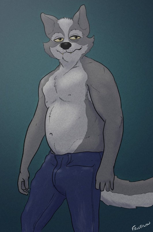 anthro belly black_nose bottomwear bulge clothed clothing denim denim_bottomwear denim_clothing fangs fur gradient_background grey_body grey_fur jeans looking_at_viewer male navel pants simple_background slightly_chubby smile solo teeth topless yellow_eyes frostclaw a_fox_in_space cael_o'donnell fan_character canid canine canis mammal wolf 2017 hi_res watermark