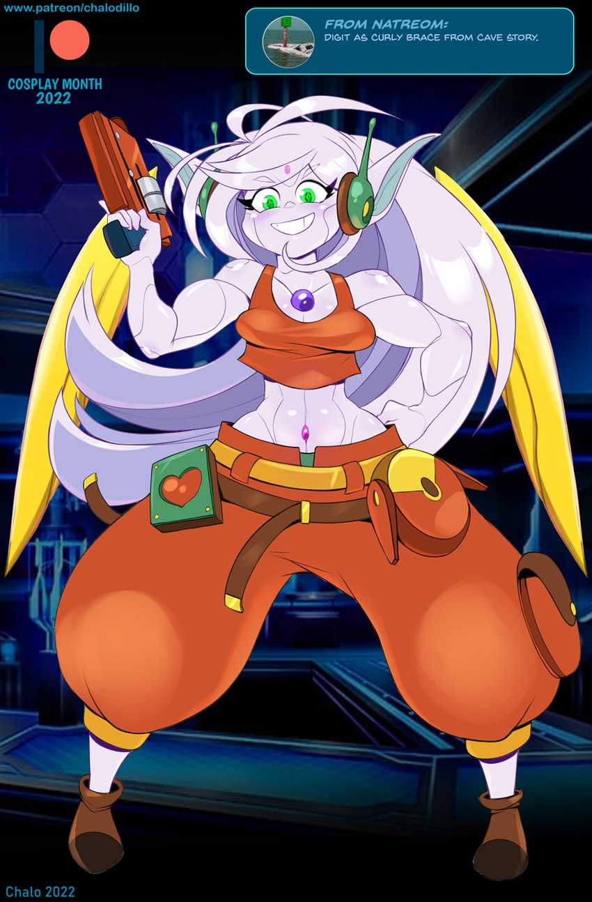 ask_blog bottomwear breasts clothed clothing cosplay female footwear green_eyes gun hair hand_on_hip long_hair looking_at_viewer midriff pants ranged_weapon shoes solo standing text topwear weapon white_body white_hair chalo cave_story las_lindas patreon curly_brace digit_(chalo) humanoid nanozell_spirit 2022 artist_name english_text full-length_portrait hi_res portrait url