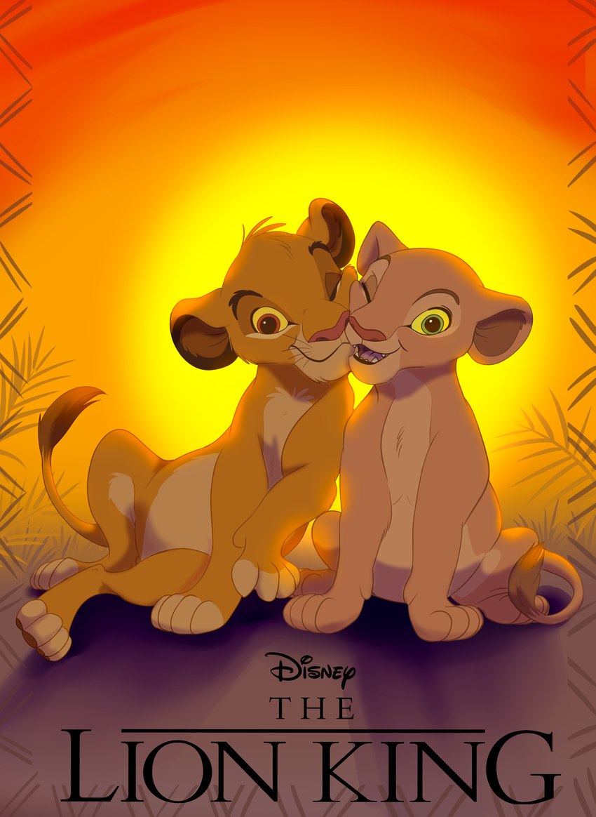 brown_pawpads canon_couple cheek_to_cheek duo eyebrows female feral looking_at_viewer male one_eye_closed open_mouth open_smile pawpads paws poster poster_template quadruped sitting smile sun sunset tail text young young_feral black_kitty disney the_lion_king nala_(the_lion_king) simba_(the_lion_king) felid lion mammal pantherine 2021 digital_drawing_(artwork) digital_media_(artwork) english_text hi_res