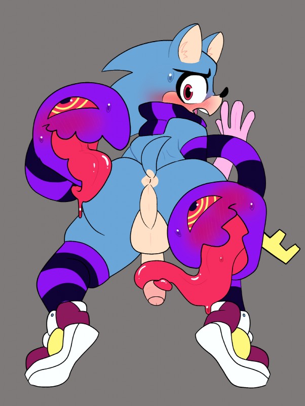 anthro anus backsack balls blush bodily_fluids butt clothing footwear genitals gloves group handwear legwear long_tongue male penis perineum presenting presenting_hindquarters scarf shoes simple_background stockings sweat thick_thighs tongue tongue_out sunnyhoneybone sega sonic_the_hedgehog_(series) eulipotyphlan hedgehog mammal monster hi_res