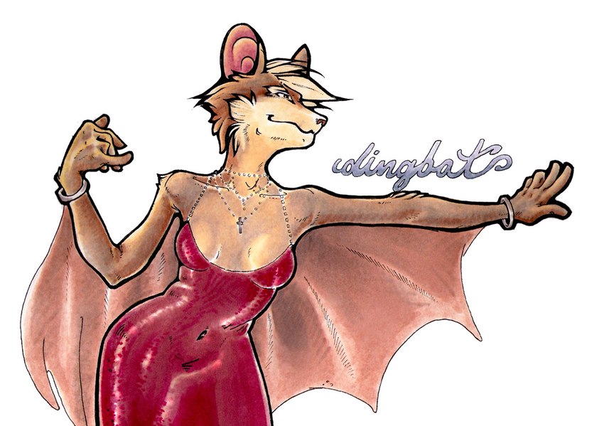 anthro bracelet breasts classy cleavage clothed clothing cross cross_necklace dress evening_gown female jewelry membrane_(anatomy) membranous_wings necklace red_clothing red_dress solo winged_arms wings heavyteeth kim_c dingbat_(character) bat mammal