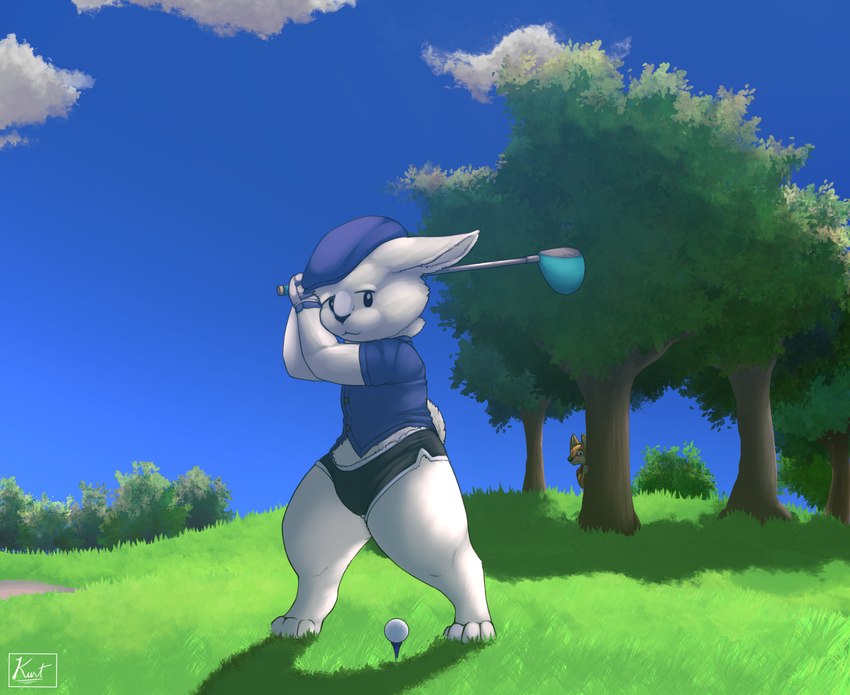 action_pose anthro being_watched bottomwear clothed clothed_anthro clothed_male clothing crop_top day detailed_background dress_shirt duo golf golf_ball golf_club golf_course hat headgear headwear hiding holding_golf_club hotpants looking_at_another male outside plant playing_sport pose shirt shorts solo sport standing three-quarter_view topwear tree geno28 joel_johansson_(geno28) oswald_stomper_(geno28) canid canine canis domestic_dog finnish_spitz lagomorph leporid mammal rabbit spitz digital_media_(artwork) digital_painting_(artwork) full-length_portrait hi_res painting_(artwork) portrait shaded soft_shading