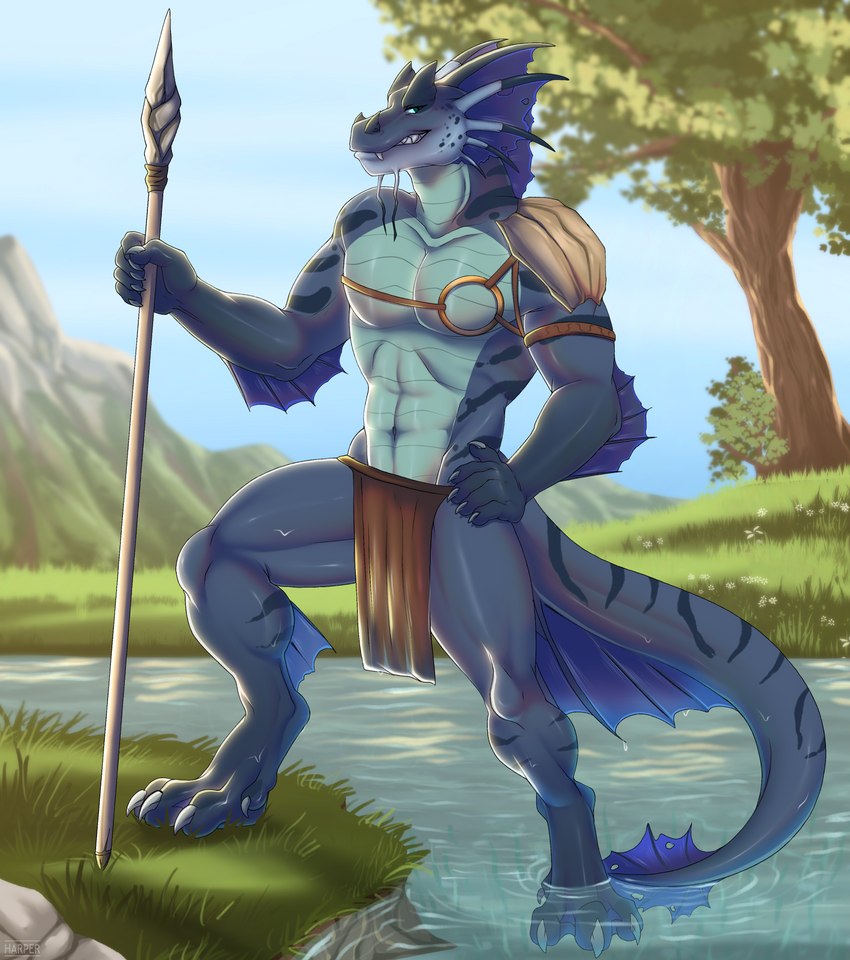 anthro blue_body bottomwear clothing exposure_variation grass_field grin loincloth looking_at_viewer male melee_weapon polearm pose riverbank shoulder_pads smile solo spear tail tribal water weapon kaitoharo99 mythology levi_(seline) dragon mythological_creature mythological_scalie scalie absurd_res hi_res pinup