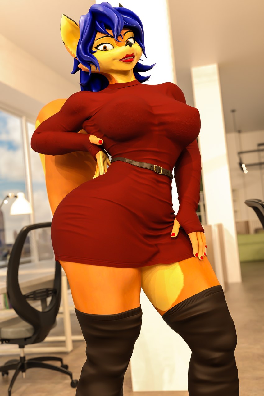 anthro big_butt blue_hair butt clothing colored_nails curvy_figure dress female hair lipstick looking_at_viewer makeup nails nipple_outline office orange_body red_clothing short_dress smile smiling_at_viewer solo thick_thighs tight_clothing tight_dress bustin3d sly_cooper_(series) sony_corporation sony_interactive_entertainment sucker_punch_productions carmelita_fox warfare_carmelita canid canine fox mammal 2:3 3d_(artwork) absurd_res digital_media_(artwork) hi_res