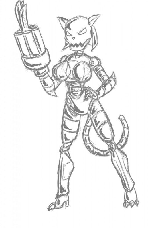 anthro big_breasts breasts claws female grin gun looking_at_viewer machine metallicats ranged_weapon smile solo weapon slashysmiley hanna-barbera swat_kats molly_mange domestic_cat felid feline felis mammal robot hi_res monochrome sketch