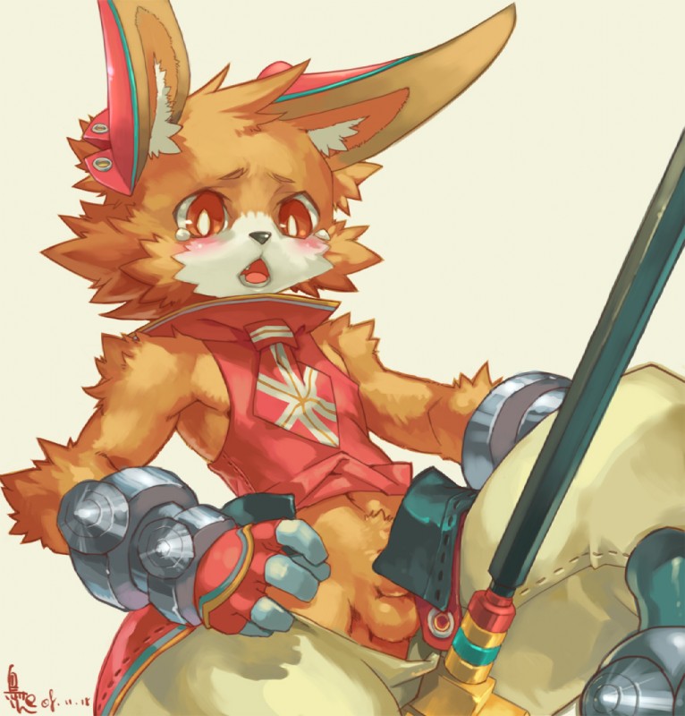 anthro armor balls blush bottomwear brown_body brown_fur clothed clothing flaccid fur gauntlets genitals gloves handwear inner_ear_fluff male pants penis simple_background solo tuft young young_anthro young_male jeacn sacred_blaze kattent lagomorph leporid mammal rabbit