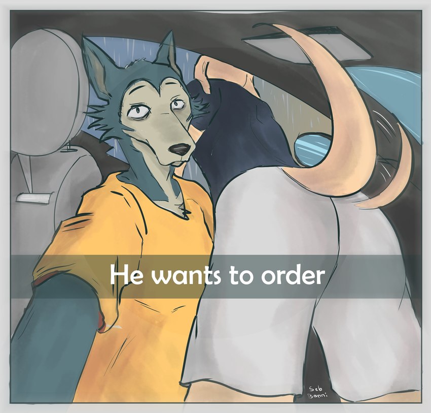 anthro bent_over border bottomwear butt caption car car_interior clothed clothing drive-thru driving duo eyebrows fur grey_border inside inside_car inside_vehicle looking_at_viewer male ordering_food raining selfie shirt shorts sitting tail tail_motion tailwag text topwear tuft vehicle water window sebbanni beastars he_wants_to_order snapchat jack_(beastars) legoshi_(beastars) bird_dog canid canine canis domestic_dog hunting_dog labrador mammal retriever wolf 2022 english_text hi_res meme signature