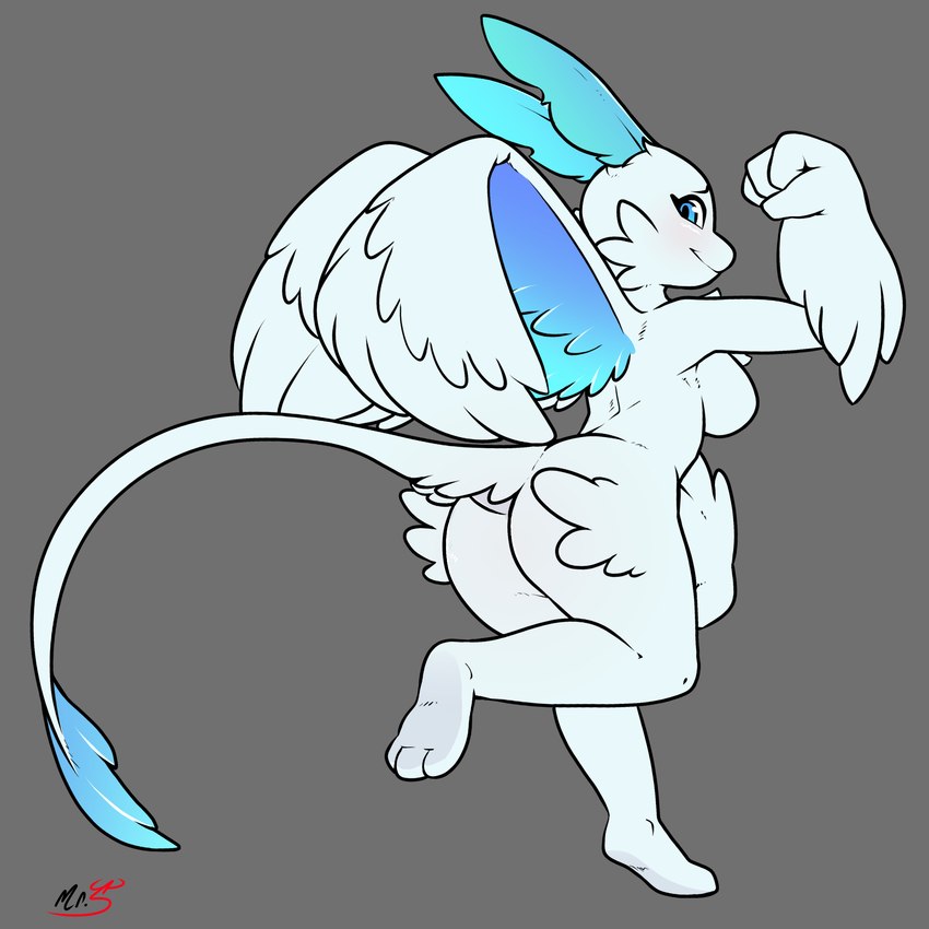 anthro blue_body blue_feathers breasts butt feathered_wings feathers featureless_breasts female fist looking_at_viewer looking_back raised_arm raised_fist raised_hand tail white_body wings mr.smile mythology palworld pocketpair dragon feathered_dragon feathered_scalie mythological_creature mythological_scalie pal_(species) quivern scalie 1:1 hi_res