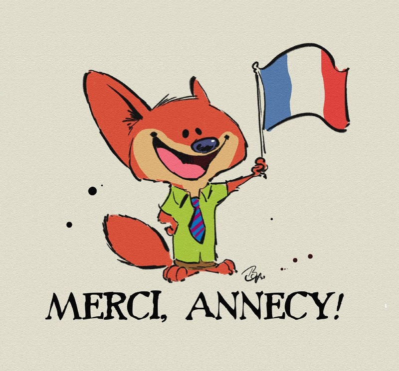 anthro bottomwear clothed clothing dot_eyes flag flag_(object) france french_flag fully_clothed holding_flag holding_object necktie open_mouth open_smile pants shirt simple_background smile solo standing text textured_background topwear byron_howard disney zootopia nick_wilde canid canine fox mammal red_fox true_fox hi_res official_art translated