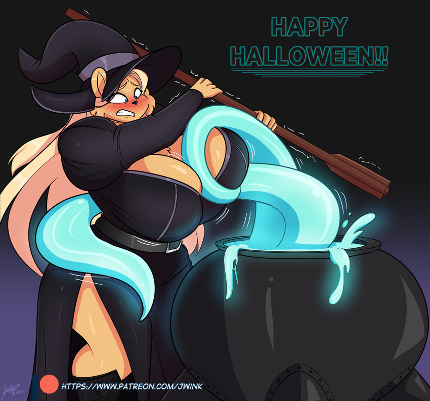 anthro blush breasts cauldron female hair holidays magic_user solo tentacles witch jwinkz halloween amara_(jwinkz) bear mammal hi_res