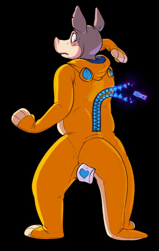 ambiguous_gender anthro black_background blush clothing costume looking_back simple_background solo transformation zipper cubi flir_(pig) flir_(woozle) domestic_pig mammal suid suine sus_(pig) 2016 absurd_res digital_drawing_(artwork) digital_media_(artwork) hi_res