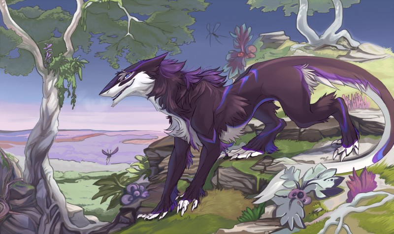 ambiguous_gender blue_eyes claws countershading detailed_background digitigrade feral fur grass markings mountain open_mouth outside plant purple_body purple_fur smile solo tail toe_claws tree walking raesheris vaos_(vaos_porpoise) sergal hi_res