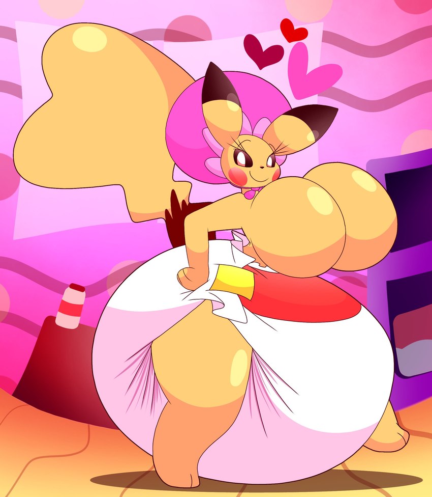 anthro big_breasts big_diaper black_sclera bonnet breasts clean_diaper clothed clothing diaper female headgear headwear heart_symbol huge_breasts huge_diaper looking_at_viewer solo wearing_diaper sir-dancalot third-party_edit nintendo pokemon generation_1_pokemon pikachu pokemon_(species) absurd_res hi_res