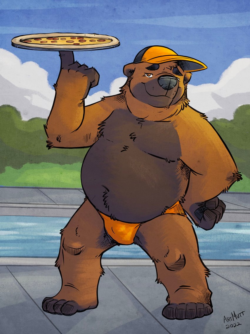 anthro balancing_object belly big_belly brown_body brown_fur bulge clothing detailed_background food fur hat headgear headwear humanoid_hands male outside overweight overweight_male pizza solo swimming_pool swimwear water k-9 barry_the_pizza_bear bear mammal 2022 hi_res