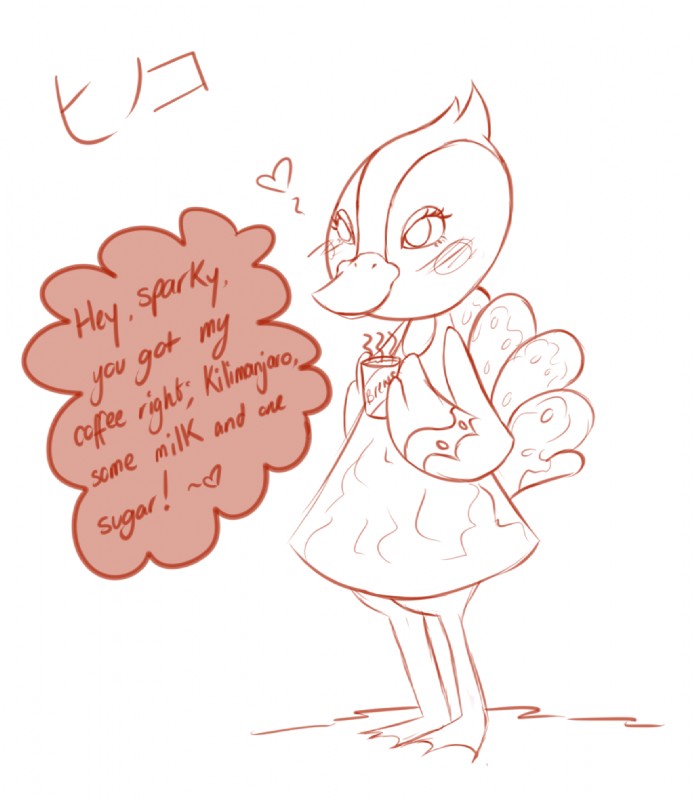 anthro beverage coffee female food solo lacgl requestfaeg animal_crossing nintendo phoebe_(animal_crossing) avian bird galliform peafowl phasianid monochrome