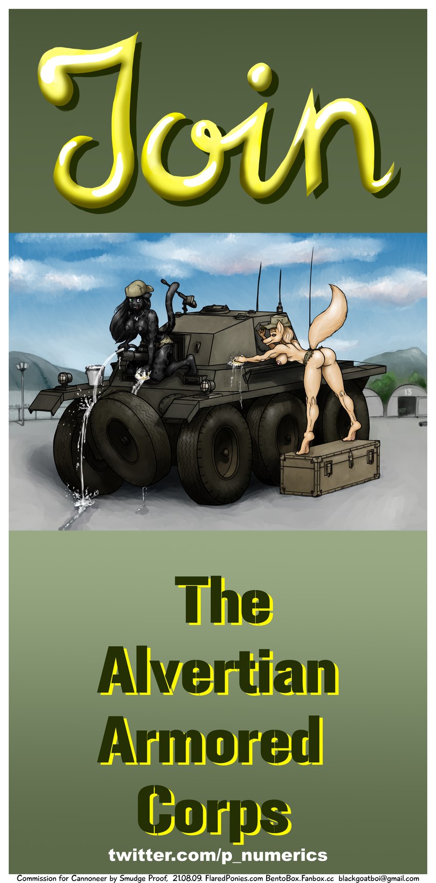 anthro armored_vehicle bathing breasts butt car_wash clothing duo exhibitionism female footlocker hat headgear headwear hose looking_at_viewer military nipples plantigrade poster poster_template propaganda public sponge tank text vehicle water smudge_proof canid canine felid fennec_fox fox mammal pantherine true_fox absurd_res hi_res url