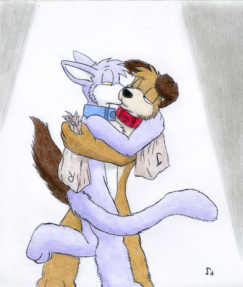 anthro blue_collar blue_eyes brown_body brown_fur collar duo eyes_open_while_kissing female fur half-closed_eyes hug interspecies kiss_on_lips male male/female narrowed_eyes on_one_leg paper_bag purple_body purple_fur red_collar standing tail yellow_eyes dryideabat housepets! grape_jelly_(housepets!) peanut_butter_(housepets!) bird_dog canid canine canis domestic_cat domestic_dog felid feline felis hunting_dog mammal absurd_res hi_res signature