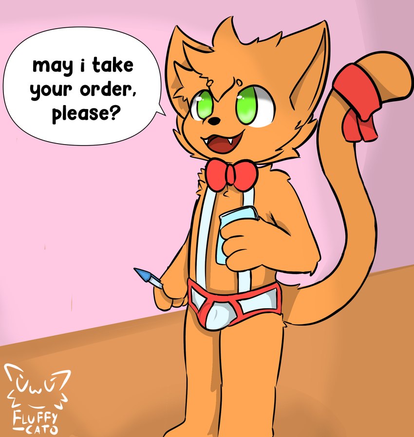 anthro clothing male solo text underwear waiter young fluffycato domestic_cat felid feline felis mammal english_text hi_res