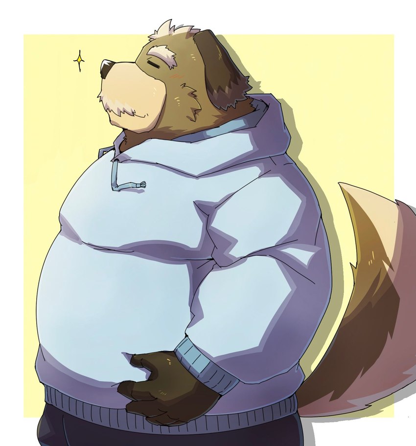 anthro belly big_belly black_nose blush bottomwear brown_body brown_fur clothing eyes_closed fur hoodie humanoid_hands kemono male mature_male overweight overweight_male pants simple_background solo topwear emufu canid canine canis domestic_dog mammal 2022 hi_res