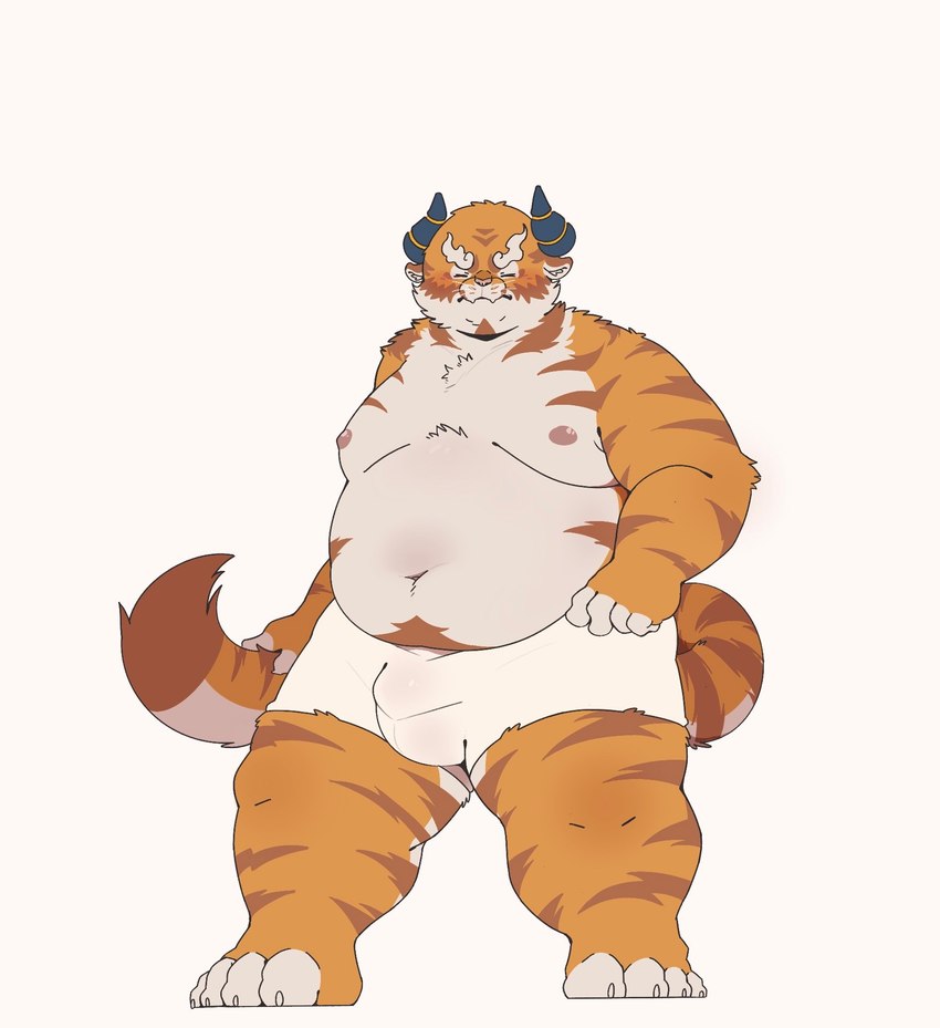 anthro belly blush bulge clothing humanoid_hands kemono male moobs nipples overweight overweight_male simple_background solo underwear haoming felid mammal pantherine tiger 2022 hi_res