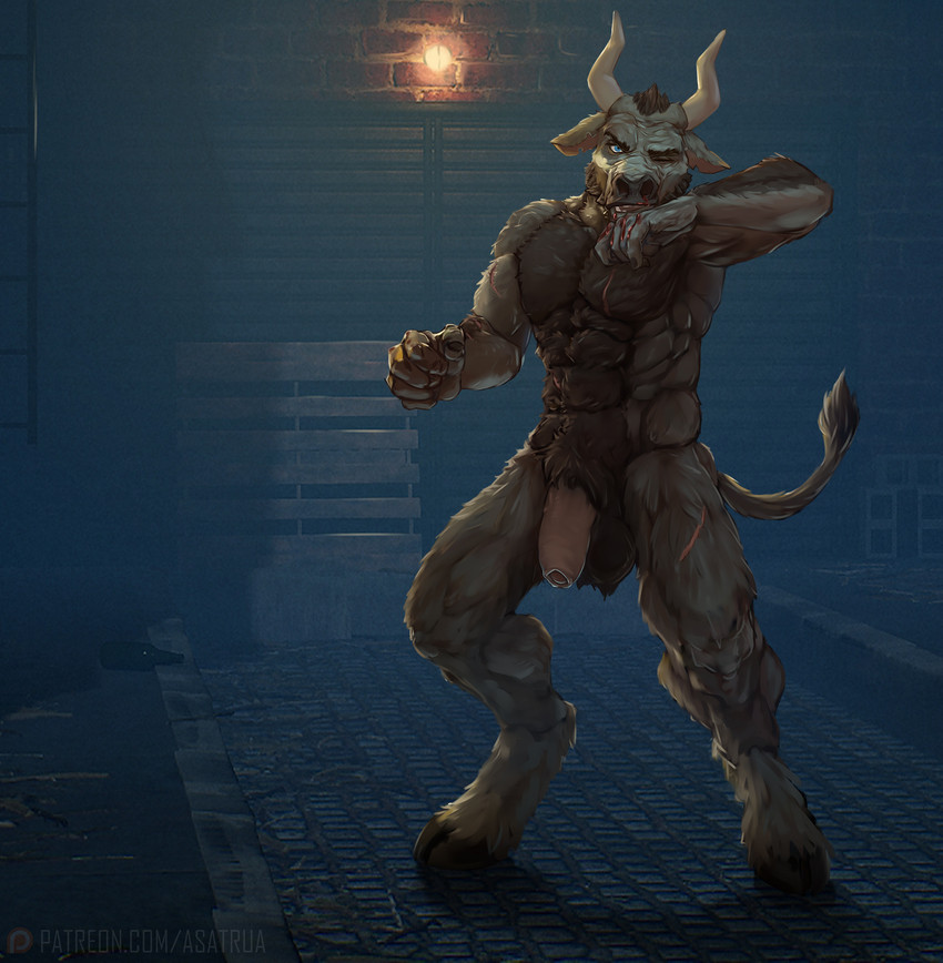 anthro backstreet balls blood blood_on_face blue_eyes bodily_fluids body_hair chest_hair flaccid foreskin genitals hairy_balls hooves horn humanoid_genitalia humanoid_penis male male_anthro muscular muscular_anthro muscular_male nosebleed penis pubes scar solo asatrua bovid bovine cattle mammal hi_res