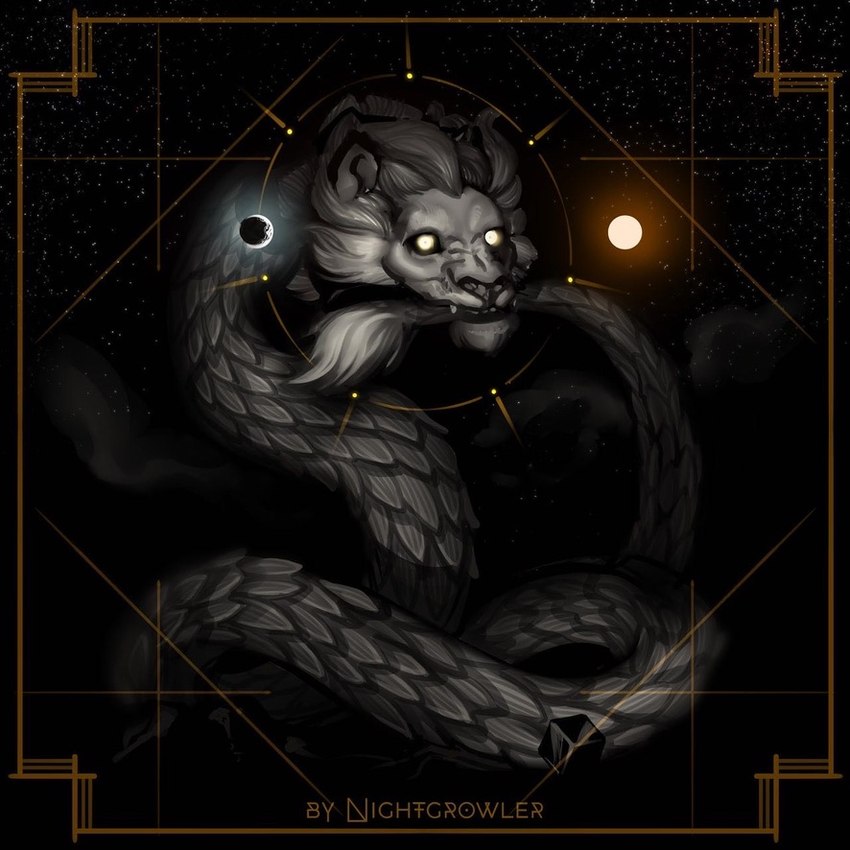 feral male mane moon ouroboros solo space star sun nightgrowler egyptian_mythology gnosticism middle_eastern_mythology mythology chnoubis deity demon felid hybrid lion mammal monster pantherine reptile scalie snake 1:1