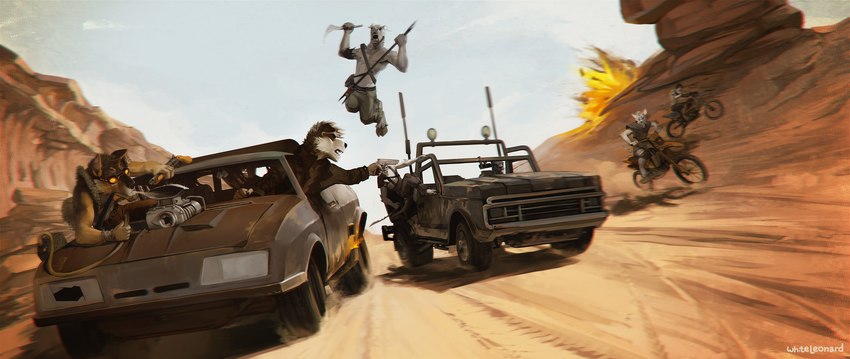 5_fingers anthro car desert detailed_background driving explosion eyewear fingers goggles group gun handgun holding_gun holding_object holding_ranged_weapon holding_weapon inside_car inside_vehicle jumping male motorcycle pistol ranged_weapon text vehicle weapon whiteleonard ford ford_falcon mad_max canid canine canis coyote domestic_dog mammal absurd_res english_text hi_res