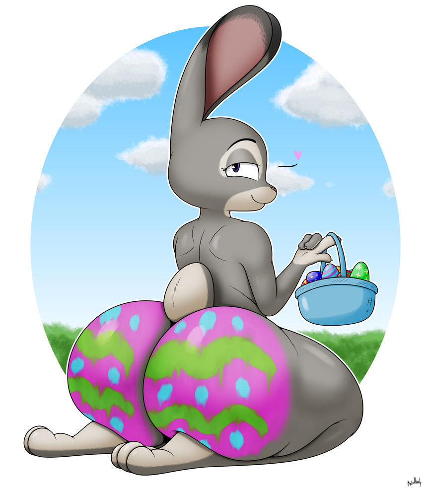 anthro big_butt bodypaint butt easter_butt easter_egg female fur grey_body grey_fur heart_symbol holidays huge_butt kneeling looking_at_viewer looking_back nude painted_butt purple_eyes solo thick_thighs xmetalhusky disney easter zootopia judy_hopps lagomorph leporid mammal rabbit 2021 absurd_res hi_res