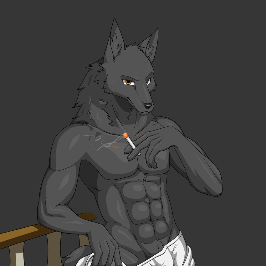 anthro black_body black_fur cigarette fur looking_at_viewer male muscular muscular_anthro muscular_male simple_background solo standing towel towel_only carbine_wolf canid canine canis mammal wolf 1:1 hi_res