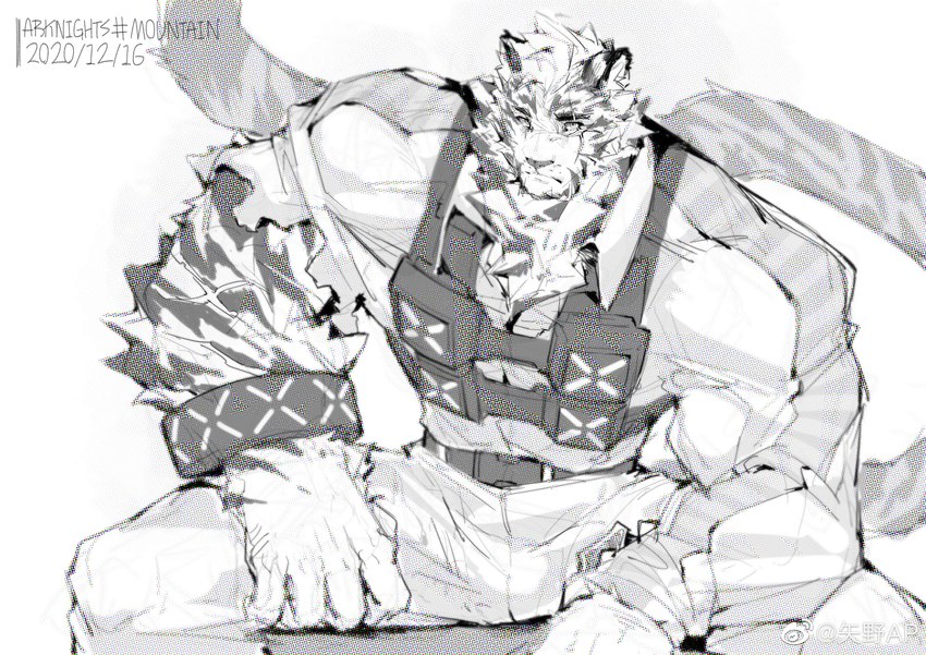 anthro barazoku ben_day_dots clothing eye_scar facial_scar looking_at_viewer male multiple_scars scar screentone simple_background sitting solo text torn_clothing weibo_logo white_background yanoap arknights hypergryph studio_montagne weibo felid mammal pantherine tiger dated english_text greyscale hi_res monochrome