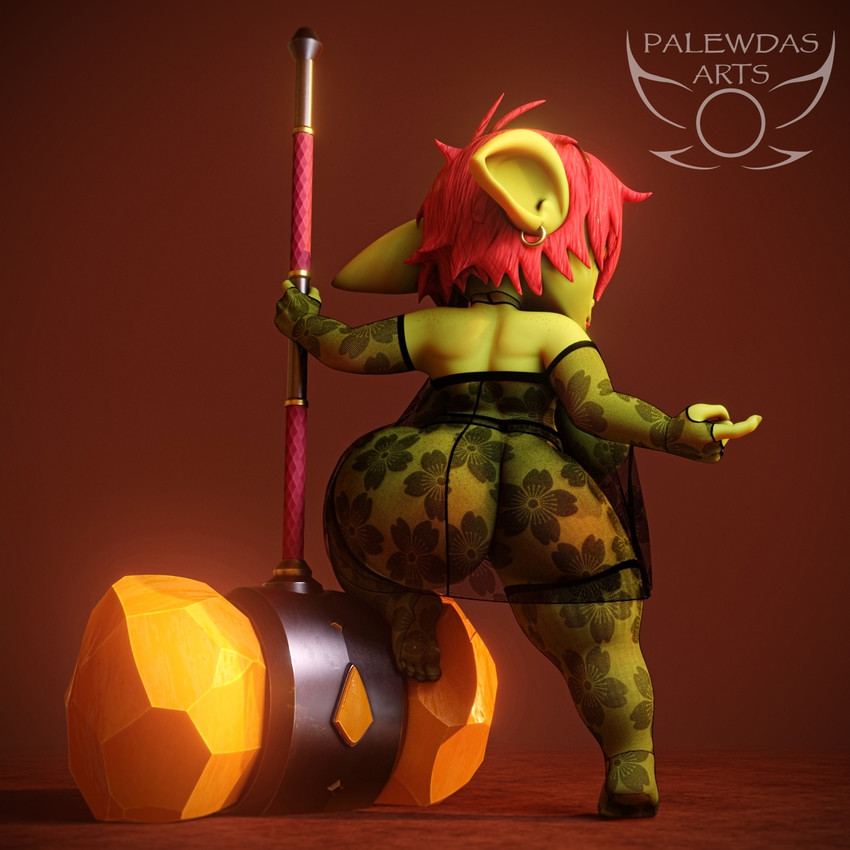 4_fingers 4_toes amber_eyes areola belly big_breasts big_butt big_ears biped blush breasts butt choker clothed clothing ear_piercing ear_ring fantasy feet female female_humanoid fingers freckled_butt freckled_shoulders freckles giant_hammer gloves green_body hair hammer handwear holding_object holding_weapon jewelry lace lace_stockings lace_topwear legwear lingerie maul necklace nipple_piercing nipples oversized_weapon paladin piercing pose rear_view red_hair ring_piercing short_stack slightly_chubby solo stockings text thick_thighs toes tongue tongue_out tools weapon palewdas_arts palewdasarts_(modeler) mina_(palewdasarts) goblin humanoid 1:1 3d_(artwork) artist_name digital_media_(artwork) english_text full-length_portrait hi_res portrait shaded soft_shading