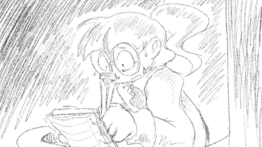 blouse bodily_fluids clothing eyewear female glasses hair mechanical_pencil notebook pencil_(object) ponytail solo sweat topwear worried writing_text dragonweirdo animal_crossing nintendo villager_(animal_crossing) human mammal 16:9 hi_res monochrome widescreen