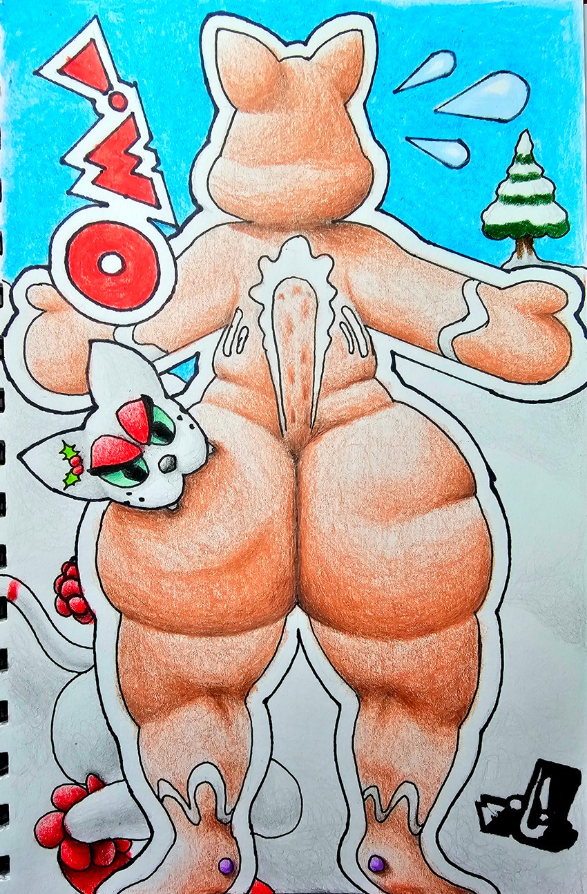 anthro big_butt bite bodily_fluids bubble_butt butt cookie duo eating female food gingerbread gingerbread_cookie gingerbread_man holidays male male/female slightly_chubby slightly_chubby_anthro slightly_chubby_male snow surprised sweat sweatdrop text thick_thighs wide_hips marthan_crowl_(artist) christmas junipurr felid feline mammal absurd_res english_text hi_res