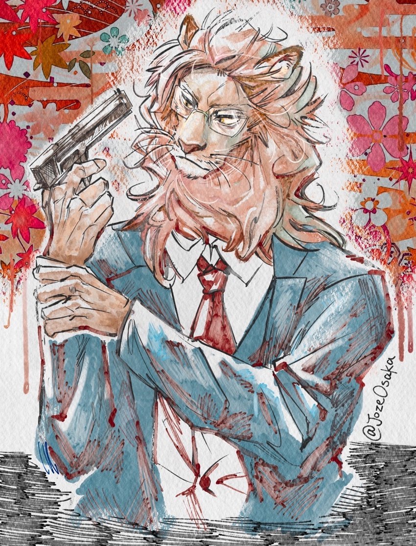 5_fingers anthro clothed clothing eyewear fingers fur glasses gun handgun humanoid_hands male mane pistol ranged_weapon solo suit tan_body tan_fur weapon whiskers joze_osaka beastars ibuki_(beastars) felid lion mammal pantherine 2024 signature