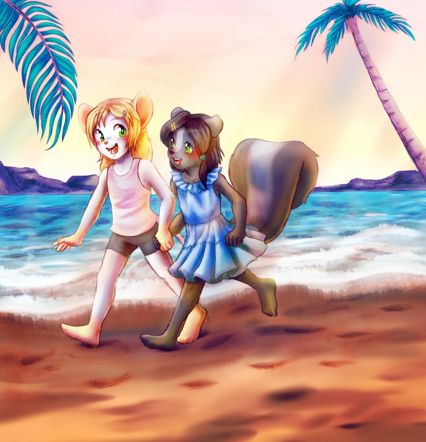 anthro beach clothing dress duo female hand_holding narrow_hips running seaside thin_calves thin_legs thin_thighs tomboy young nathahniel ashka kujin mammal mephitid murid murine rat rodent skunk absurd_res hi_res