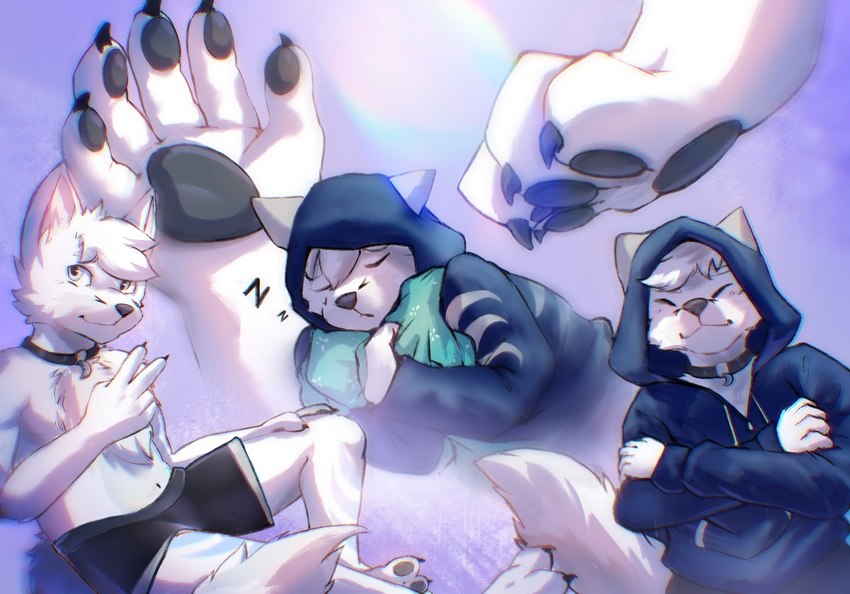 anthro blue_clothing blue_hoodie blue_topwear clothing eyes_closed fur green_pillow hoodie looking_at_viewer male patreon_artist pawpads paws pillow purple_background simple_background sleeping solo topwear white_body white_fur stampmats