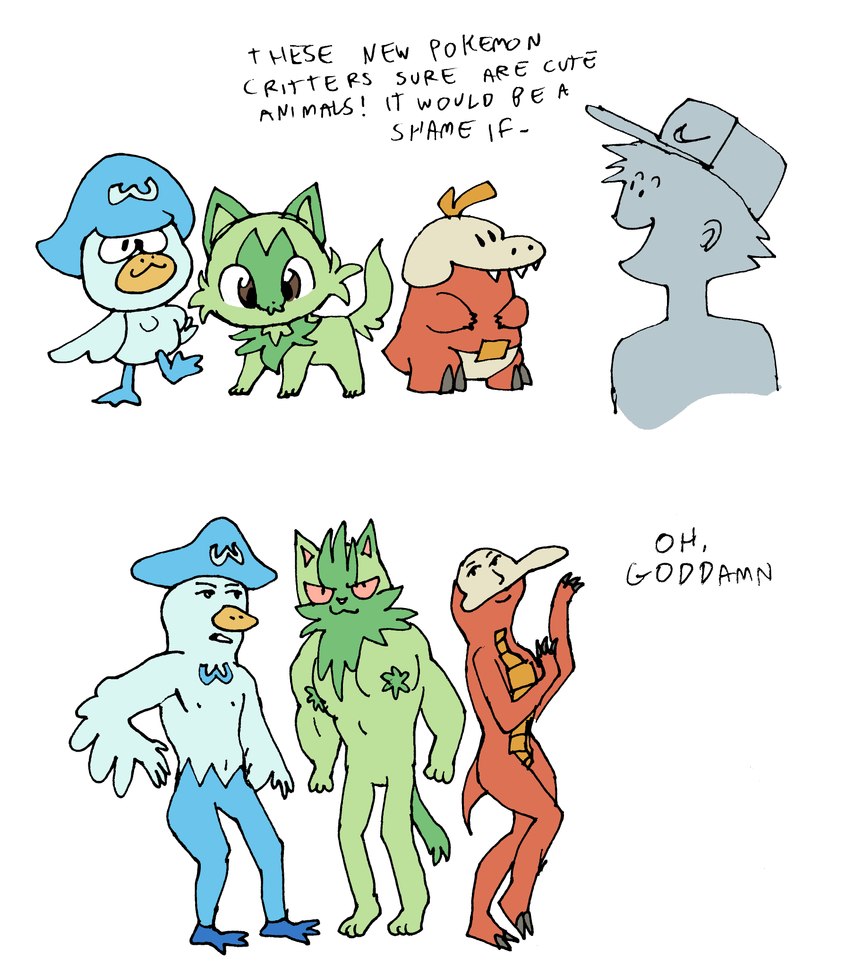 anthro anthrofied blue_body clothing dialogue female feral green_body group hat headgear headwear humor male red_body text transformation bedupolker nintendo pokemon avian crocodilian felid feline fuecoco generation_9_pokemon human mammal pokemon_(species) quaxly reptile scalie sprigatito absurd_res english_text hi_res