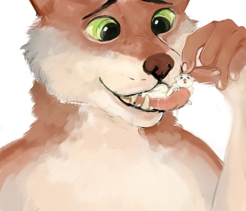 ambiguous_gender ambiguous_pred anthro anthro_pred anthro_prey bodily_fluids brown_body brown_fur brown_nose cheek_tuft drooling duo facial_tuft fur glistening glistening_eyes green_eyes green_sclera inner_ear_fluff male on_tongue oral_vore partially_inside saliva saliva_on_chin tan_body tan_fur tuft vore whiskers white_body white_fur white_inner_ear_fluff roobin canid canine canis domestic_dog mammal