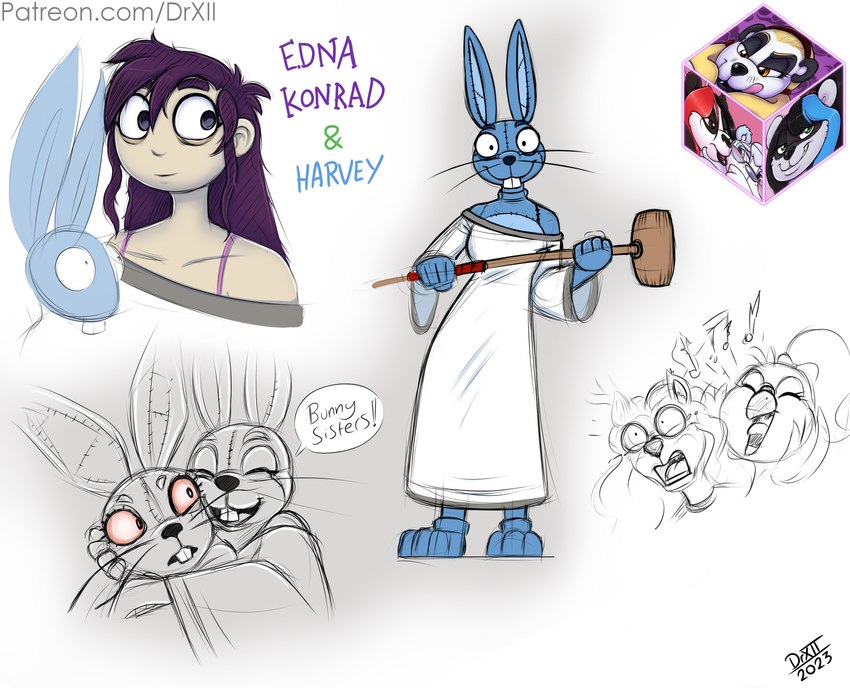 anthro bunny_costume clothed clothing costume female fingers footwear fursuit gown hair hammer holding_object looking_at_viewer open_mouth purple_hair simple_background smile solo standing text tools weapon drxii blizzard_entertainment edna_&_harvey:_the_breakout five_nights_at_freddy's five_nights_at_freddy's:_security_breach scottgames steel_wool_studios warcraft bael_thunderfist edna_konrad ikusame kiara_(drxii) shi-niss vanny_(fnaf) bear human lagomorph leporid mammal pandaren rabbit 2023 crossover digital_media_(artwork) hi_res url