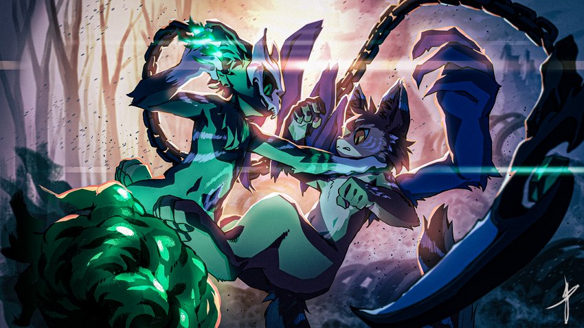 4_arms action_pose anamorphic_lens_flare anthro bone chain chain_weapon cheek_tuft chest_tuft close-up colored_fire depth_of_field digitigrade dirt duo facial_tuft fight fire forest glare_(lighting) gloves_(marking) grainy green_eyes green_fire green_smoke jumping kukri light looking_at_another looking_down magic male male_anthro markings mask mask_only midair multi_arm multi_limb navel nude particles pawpads plant pose side_view skeleton smoke surprise_attack thick_thighs throat_grab tree tuft weapon yellow_eyes blaedic felid feline mammal 16:9 2021 4k absurd_res hi_res lighting widescreen