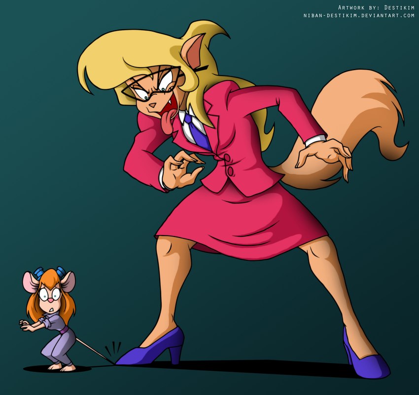 anthro blonde_hair business_suit clothed clothing duo eyewear fangs female footwear fur glasses goggles hair high_heels jumpsuit open_mouth plantigrade shoes simple_background stepping_on_tail suit teeth text tongue tongue_out voice_actor_joke wide_hips niban-destikim chip_'n_dale_rescue_rangers disney hanna-barbera metro-goldwyn-mayer swat_kats tom_and_jerry callie_briggs gadget_hackwrench domestic_cat felid feline felis mammal mouse murid murine rodent crossover digital_media_(artwork) english_text hi_res url