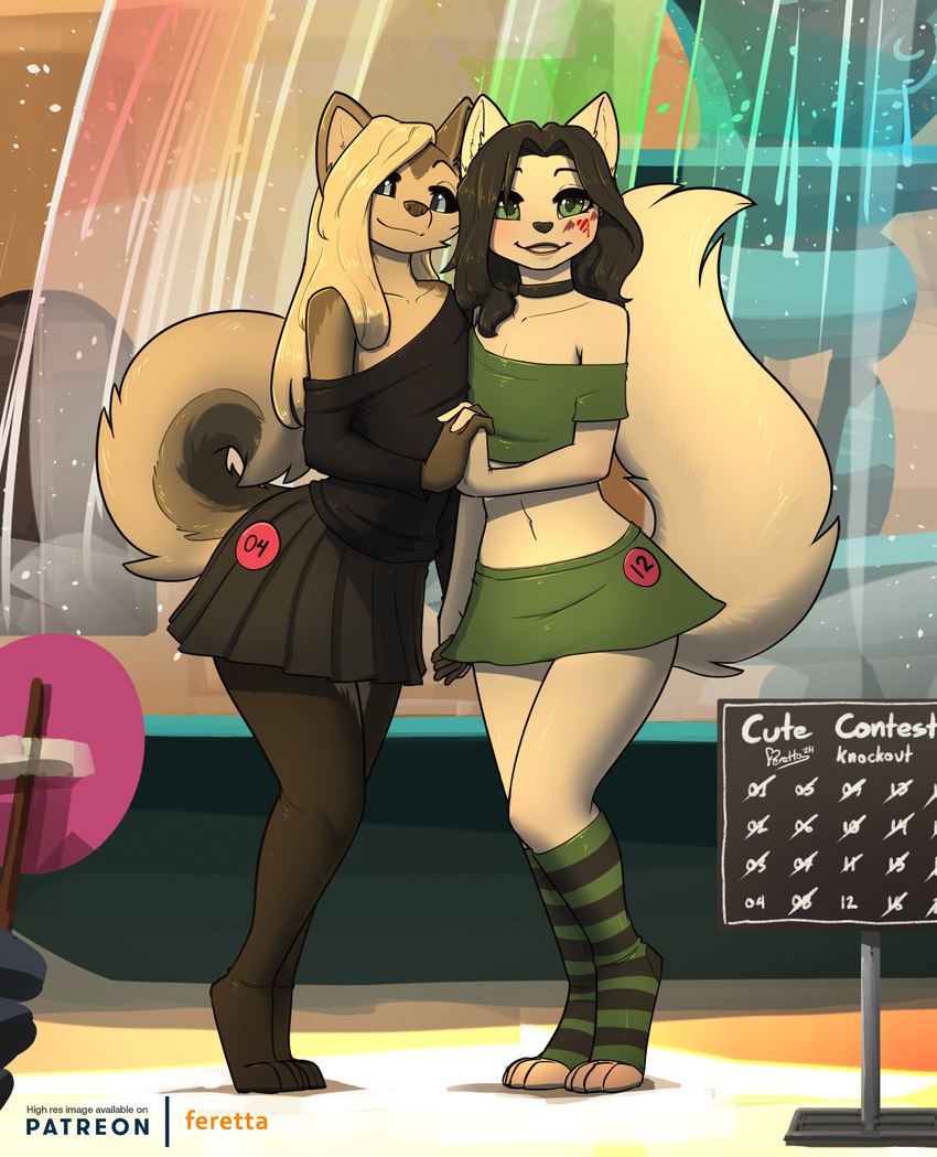 anthro black_hair black_sclera blonde_hair blue_eyes bottomwear clothing collar duo femboy footwear fountain fur green_eyes hair hand_holding knee_highs knee_socks legwear male off-shoulder_top skirt socks tan_body tan_fur white_body white_fur feretta kasey_mullway canid canine canis domestic_dog fox husky mammal nordic_sled_dog spitz 2024 hi_res